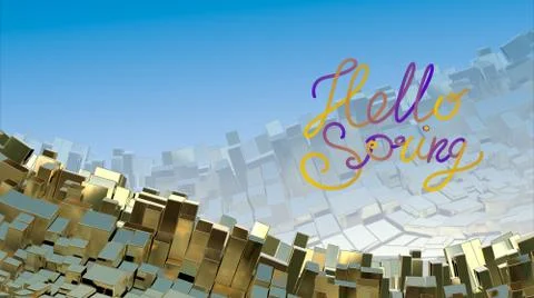 Hello Spring word lettering over abstract mountain landscape background of metal Ilustração Stock