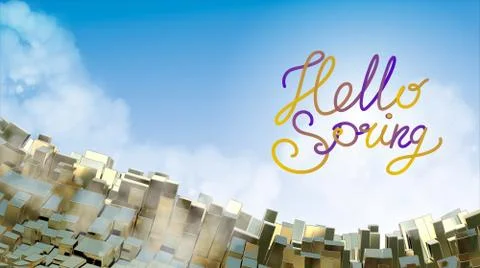 Hello Spring word lettering over abstract mountain landscape background of metal Illustrazione stock