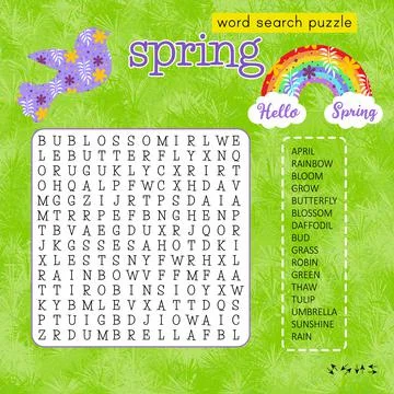 Hello Spring word search puzzle with rainbow and bird. Stock Illustration