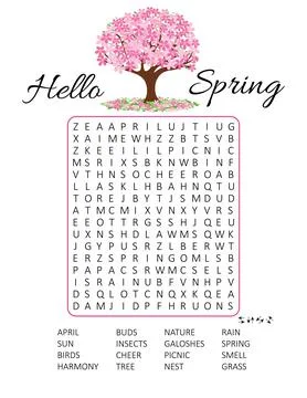 Hello Spring word search puzzle with cherry blossom. Stock Illustration