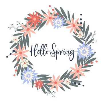 Hello spring wreath Card with herbal flowers Stock Illustration