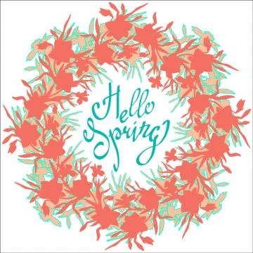 Hello Spring.Vector flowers colorful wreath on white background. Stock Illustration
