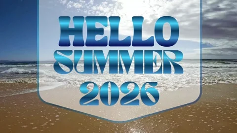 Hello Summer 2026 Text Animation on Sunny Beach Background Video stock 335561735