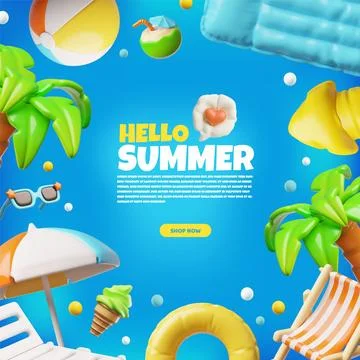 Hello summer 3D plastic style vector banner marketing design, beach and pool Stock Illustration