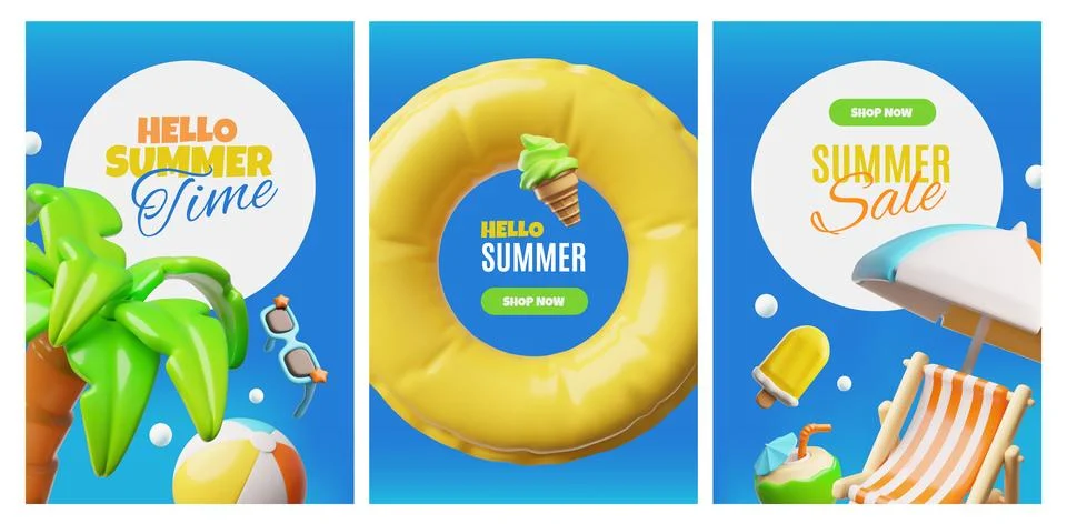 Hello summer 3D plastic style marketing banner design vector set, beach and pool Stock Illustration