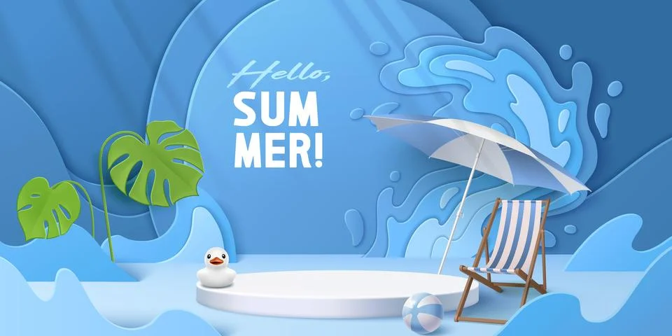 Hello summer 3d scene with white circular podium Stock Illustration