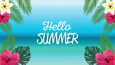Hello summer animated text with tropical flowers and leaves motion graphic .. Stock Footage 333897024
