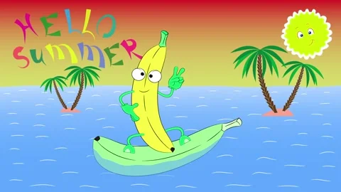 Hello summer animation. palm trees and banana surfer. Stock Footage 124627827