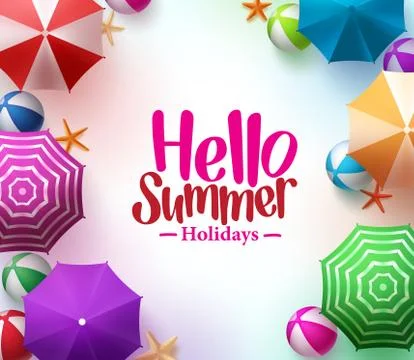 Hello Summer Background with 3D Realistic Colorful Beach Umbrella Stock Illustration