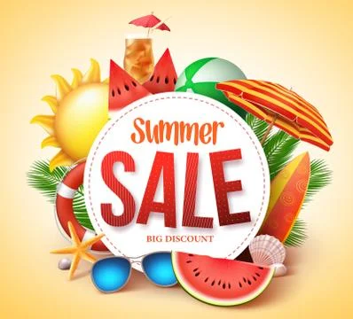 Hello Summer Background with 3D Realistic Colorful Beach Umbrella Stock Illustration