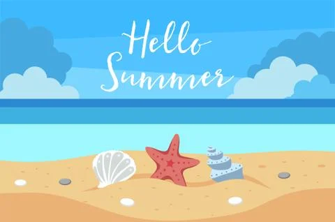 Hello summer background with beach view, sand, sea shells, sea star. Vector Stock Illustration