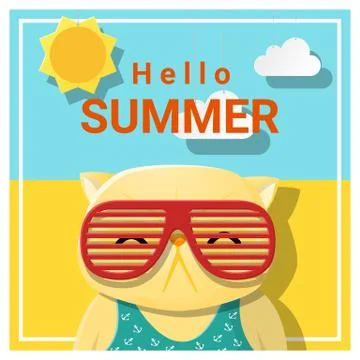 Hello summer background with cat wearing sunglasses Stock Illustration