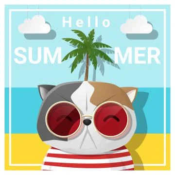 Hello summer background with cat wearing sunglasses Stock Illustration