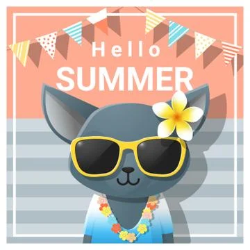 Hello summer background with cat wearing sunglasses Stock Illustration