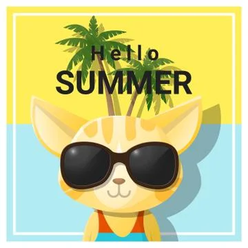 Hello summer background with cat wearing sunglasses Illustrazione stock