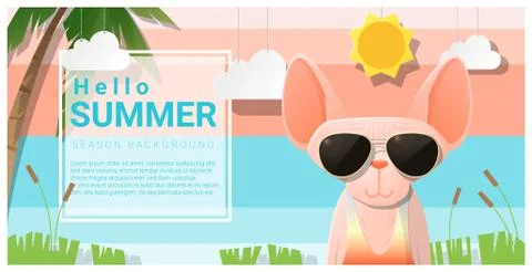 Hello summer background with cat wearing sunglasses Stock Illustration