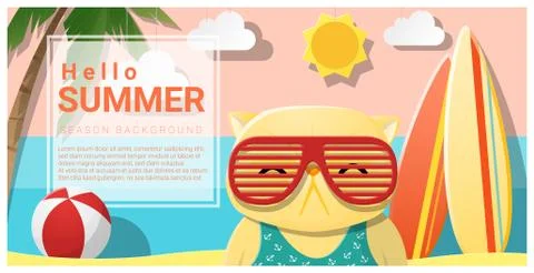 Hello summer background with cat wearing sunglasses Stock Illustration