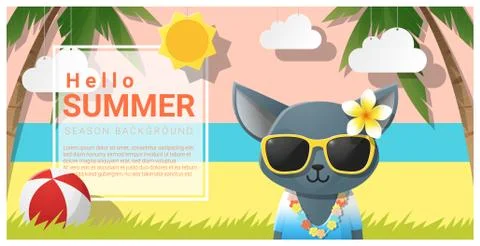 Hello summer background with cat wearing sunglasses Stock Illustration