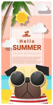 Hello summer background with dog wearing sunglasses Stock Illustration