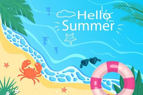 Hello summer background in flat cartoon design. Wallpaper with sandy summertime Stock Illustration