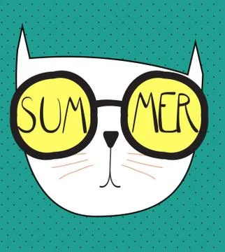 Hello Summer Background with Funny Hand Drawn Cat. Vector Illust Stock Illustration