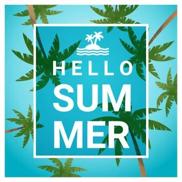 Hello summer background with palm trees at tropical beach Stock Illustration