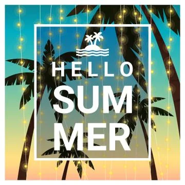 Hello summer background with palm trees at tropical beach Illustrazione stock