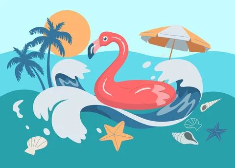 Hello summer background, pink inflatable flamingo on wave, sea shell, cocon.. Stock Illustration
