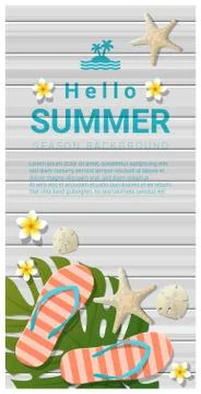 Hello summer background with sea elements on wooden board Stock Illustration