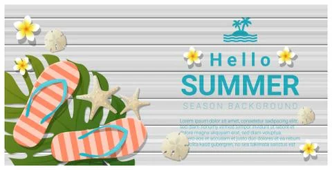 Hello summer background with sea elements on wooden board Stock Illustration