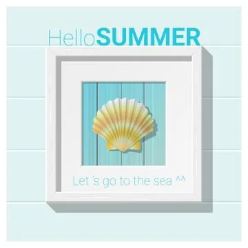 Hello summer background with seashell wall art Illustrazione stock