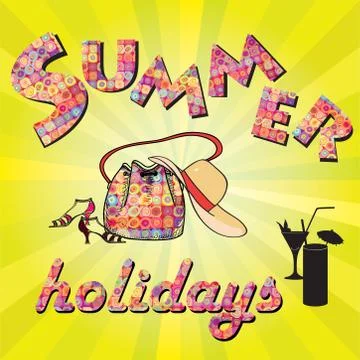 Hello summer background. Summer holidays cover with sun and ray beams. Hell.. Illustrazione stock