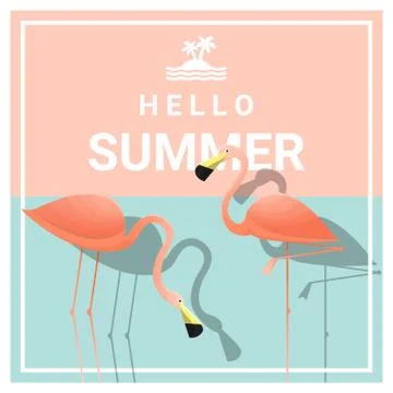 Hello summer background with two pink flamingos Stock Illustration