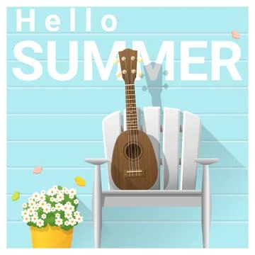 Hello summer background with ukulele on white chair Stock Illustration