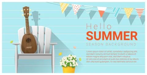 Hello summer background with ukulele on white chair Stock Illustration