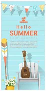 Hello summer background with ukulele on white chair and canoe paddle Stock Illustration
