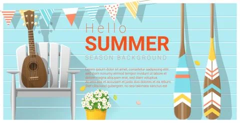 Hello summer background with ukulele on white chair and canoe paddle Illustrazione stock