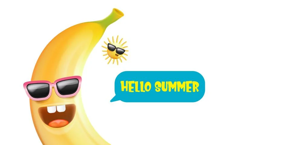 Hello Summer Banana Vector Funny Cartoon with Sunglasses and Speech Bubble イラスト素材
