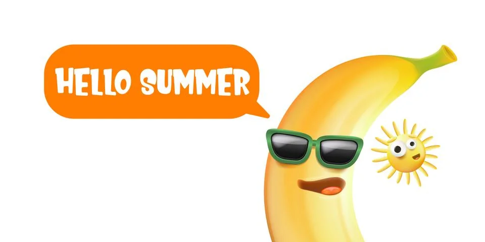 Hello Summer Banana Vector Funny Cartoon with Sunglasses and Speech Bubble イラスト素材