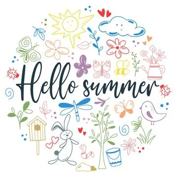 Hello summer banner with doodle elements Stock Illustration