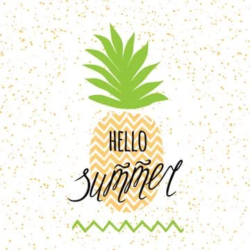 Hello summer banner with hand drawn pineapple, lettering design element 'Hell Illustrazione stock