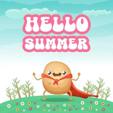 Hello summer banner or greeting card with cute super hero potato with red hero Stock Illustration