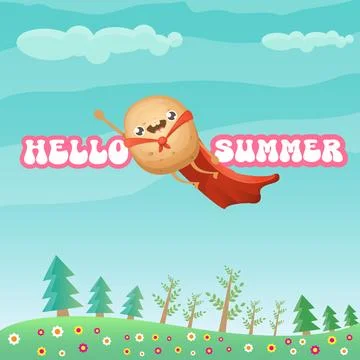 Hello summer banner or greeting card with cute super hero potato with red hero Stock Illustration