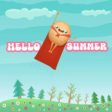 Hello summer banner or greeting card with cute super hero potato with red hero Stock Illustration