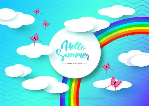 Hello Summer banner with paper clouds, butterflies and rainbow. Vector illust Stockillustratie