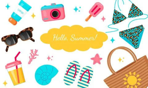 Hello summer banner. Summer set. Swimsuit, hat, sunglasses, slippers, lemonad イラスト素材