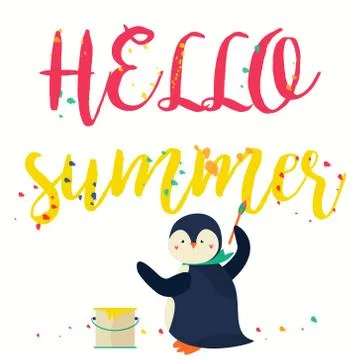 Hello summer banner with text and penguin Stock Illustration