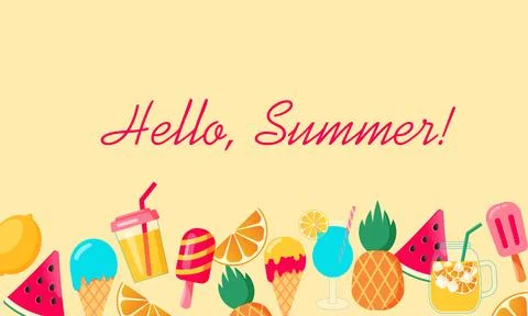 Hello summer banner with watermelon, oranges, drinks, coctails, lemon and c.. Stock Illustration