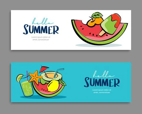 Hello summer banners design hand drawn style. Summer with doodles and objects Stock Illustration