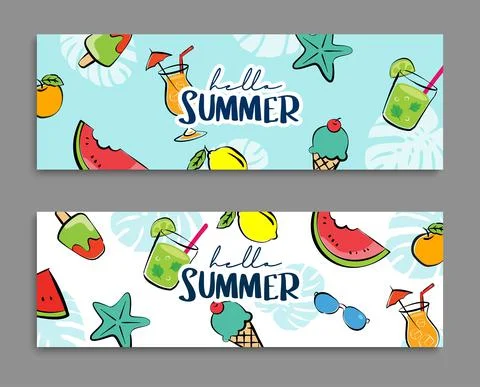 Hello summer banners design hand drawn style. Summer with doodles and objects Stock Illustration
